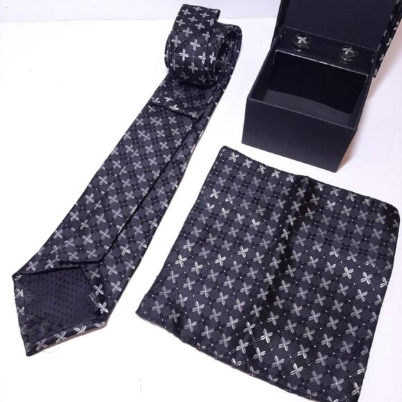 NEW 3-Pc Boxed Gift Tie Set Coordinated Print Cuff Links Pocket Square - Picture 6 of 8